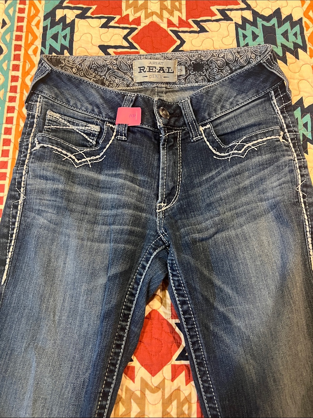 Ariat REAL DENIM Women's Faded Blue Straight Jeans with White Contrast Stitching